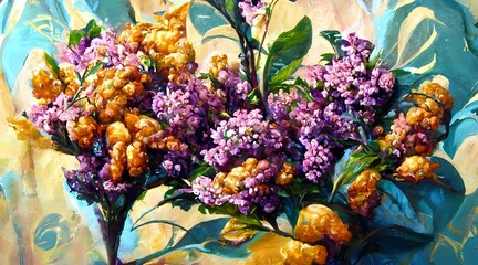 Fototapeta na wymiar oil painting on canvas a bouquet of lilacs vase wall 