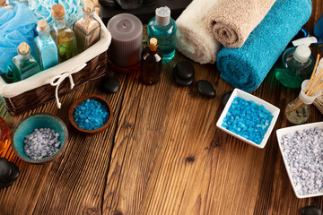 Spa treatments. Spa accessories on wooden paneling. 