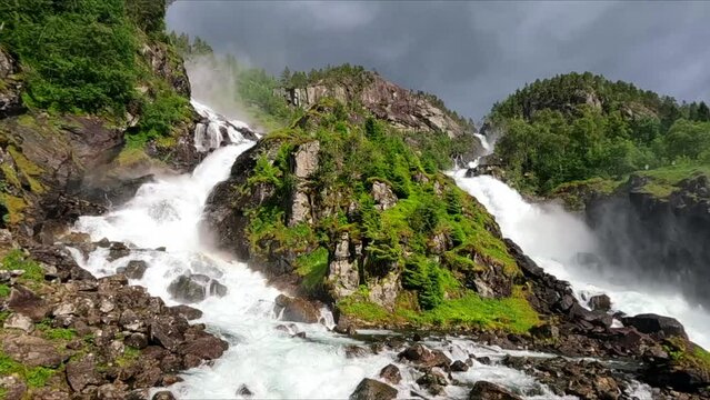 Spectacular, famous Waterfall, Latefossen, Norway, dolly shot
