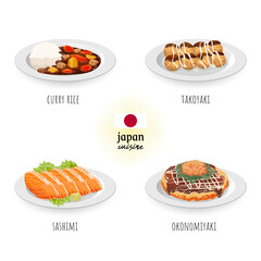Japan cuisine (curry rice, takoyaki, sashimi, and okonomiyaki) in white isolated background. Food concept vector illustration