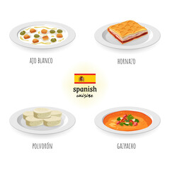 Spanish cuisine (ajo blanco, polvorón, hornazo, and gazpacho) in white isolated background. Food concept vector illustration
