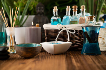Spa treatments. Spa accessories on wooden paneling. 