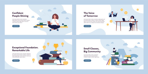 Obraz na płótnie Canvas Education banner template concept. Vector flat design character illustration set. Collection of layout. Girl with laptop on online conference. Group of male and female student. Book, lightbulb, pencil