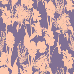 Seamless delicate pattern with spring line silhouette flowers. Bright spring  flowers illustration.