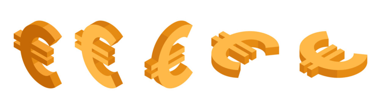 Euro currency icons set in isometric style. Top view, right, left