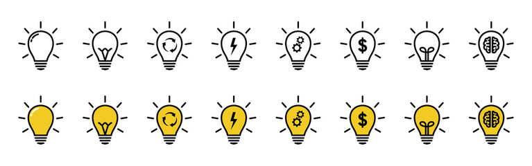 Set of light bulb electricity icon vector. Light bulb symbol in line style. Idea sign vector. Thinking symbol. solution icon.