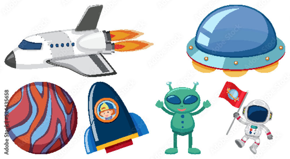 Sticker set of space cartoon characters and objects