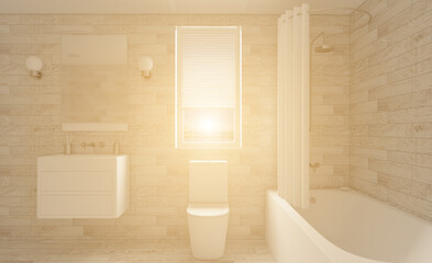 Fototapeta na wymiar Spacious bathroom, clean, beautiful, luxurious, bright room. 3D rendering.. Sunset.