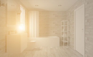 Bathroom interior bathtub. 3D rendering.. Sunset.