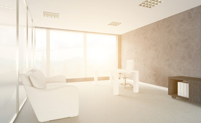 Front view of an office interior with a row of dark wood tables. 3D rendering.. Sunset.