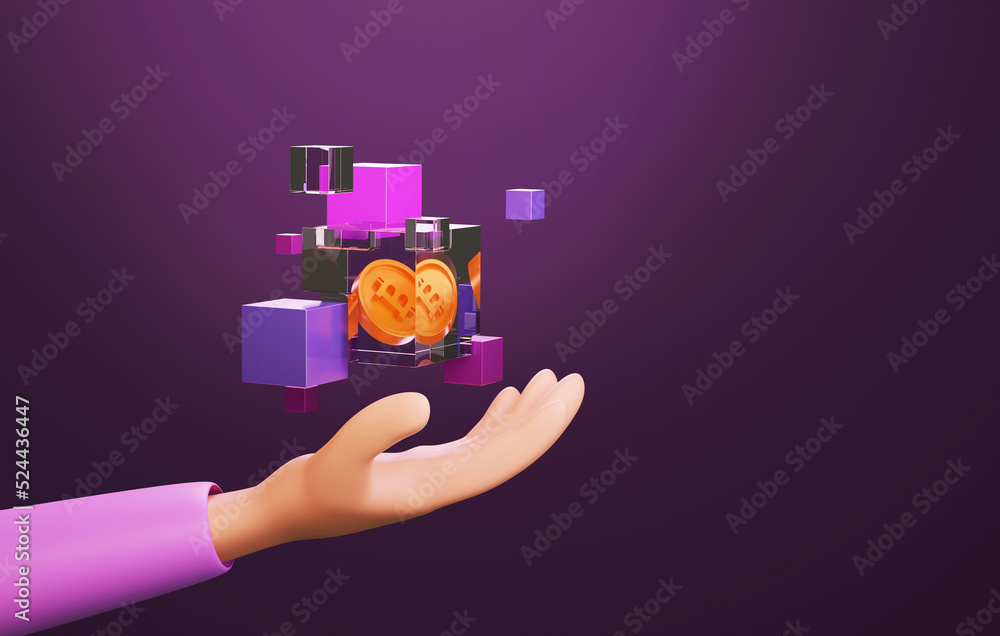 Poster user's hand in touch with blockchain technology.