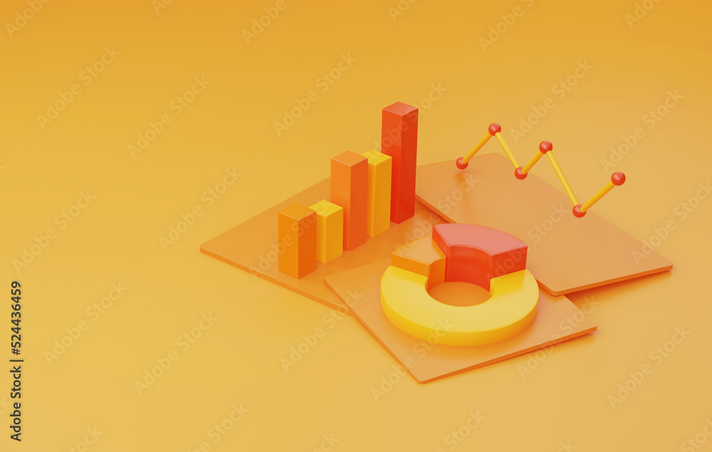 Poster financial data analysis and business growth with pie chart and bar graph on yellow background.