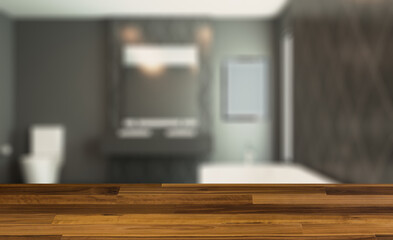 Modern Bathroom Interior Design. 3D rendering.. Mockup.   Empty. Background with empty wooden table. Flooring.