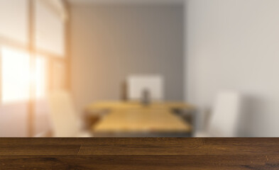 Elegant office interior. Mixed media. 3D rendering.. Sunset.. Background with empty table. Flooring.