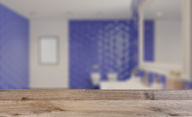 Bathroom interior bathtub. 3D rendering.. Mockup.   Empty painti. Background with empty wooden table. Flooring.