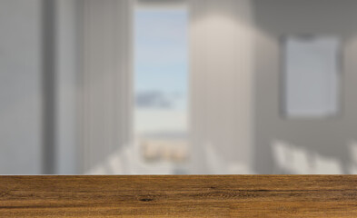 Elegant office interior. Mixed media. 3D rendering.. Mockup.   E. Background with empty wooden table. Flooring.