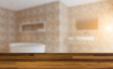 Bathroom interior bathtub. 3D rendering.. Sunset.. Background with empty wooden table. Flooring.