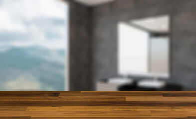 Spacious bathroom in gray tones with heated floors, freestanding. Background with empty wooden table. Flooring.