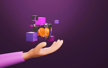 User's hand in touch with blockchain technology.