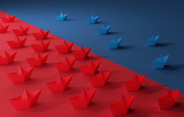 Paper boats on red ocean and blue ocean Marketing.