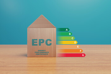 EPC House energy performance certificate - Little cute house made of wooden blocks for property energy rating from A to F