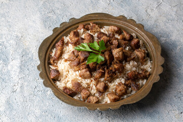 Turkish Meat Et Kavurma with rice - pilav (Turkish name; kurban kavurma, pilav ustu kavurma)
