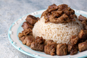 Turkish Meat Et Kavurma with rice - pilav (Turkish name; kurban kavurma, pilav ustu kavurma)