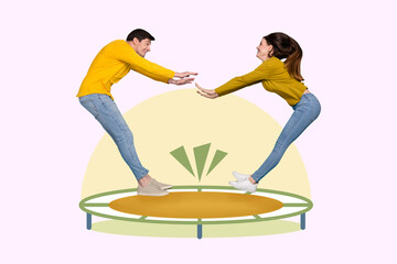 Exclusive painting magazine sketch image of fooling funky husband wife jumping high isolated painting background