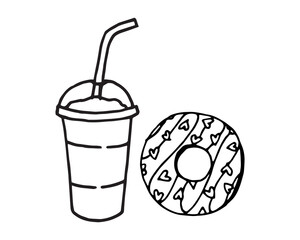 Fast food doodle of drink with donut on isolated background