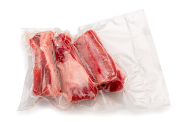 Pork ribs in vacuum packed sealed for sous vide cooking isolated on white background in top view,...
