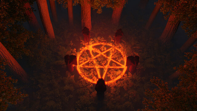 3d-render. Activation of the portal to summon a demon in the forest thicket.