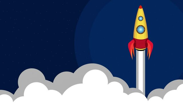 Cartoon stylized rocket takes off into space. Columns of smoke against the background of the starry sky, the flight of a spaceship