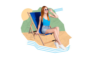 Placard collage of young woman on beach isolated on painting white color background