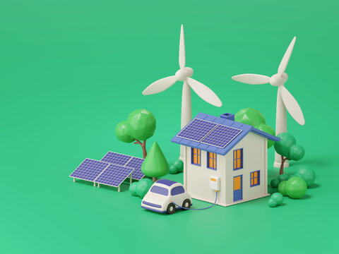 3d render of wind turbine and solar panels with house and eco car, ecological environment concept.