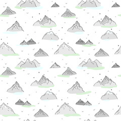 Seamless vector pattern with mountains on white backdrop. Hand drawn sketch style.