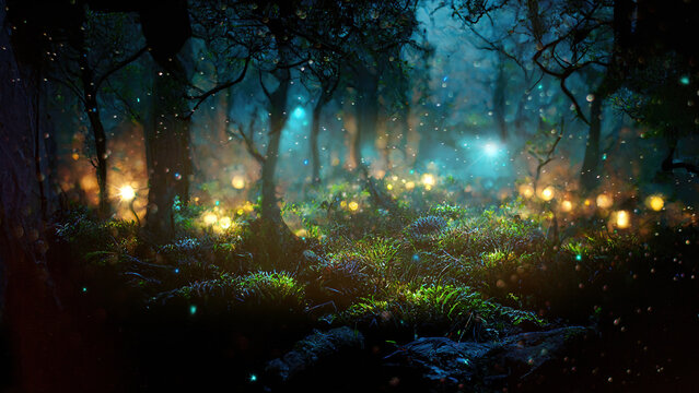 Magical dark fairy tale forest at night with glowing lights