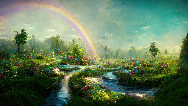 Magical fantasy fairy tale meadow landscape with rainbow