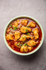 Punjabi soya chaap gravy or dhaba style soya chap masala sabzi served with naan