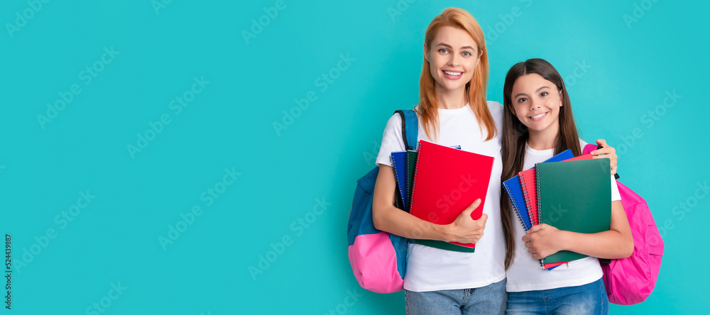 Wall mural mother and daughter child banner, copy space, isolated background. cheerful mother and daughter hold