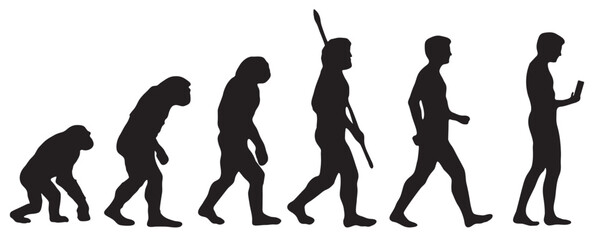 Evolution of the human to the mobile. Silhouettes with the different steps of evolution Darwin. vector illustration - obrazy, fototapety, plakaty