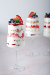 Strawberry milk yogurt desert in glasses