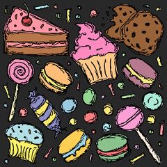 Sweets and candy icons. Sweets background. Doodle vector illustration with sweets and candy