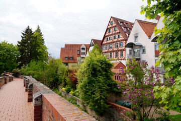 Fototapeta na wymiar Scenic view of the Ulm City with its ancient Ulmer Minster and beautiful quaint old houses in Germany on a fine day in May (Germany, Europe)