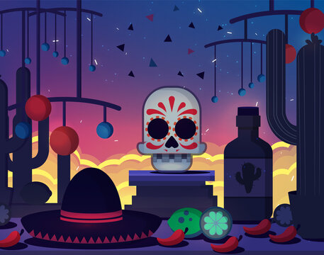 Graphic design. Illustration for the poster. Day of the Dead in Mexico, National Unity Day, the day of the Battle of Puebla. Cinco de mayo. A set of items in the Mexican style. Flat graphics. Tequila.