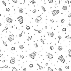 Seamless candy pattern. Sweets and candy background. Doodle vector illustration with sweets and candy icons