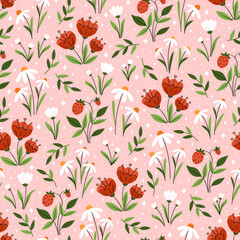 Cute summer pattern with blooming poppies, daisies, strawberries on a pink background. Meadow flowers in a romantic print for textile, wallpaper, packaging design