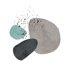 Simple Minimalist Vector Illustration with Black, Mint Blue and Dusty Brown Stones on a White Backgrount. Modern Abstract Art ideal for Wall Art, Card, Poster. Cool Print with Rocks and Black Splash.