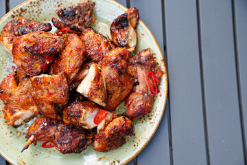 a plate of grilled meat. chicken kebab. 