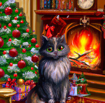 Oil painting cat at Christmas background. Art illustration.  Holiday Christmas or new year tree and fireplace. Child fairytale drawing. Illustration for print on poster, card, canvas, cover.
