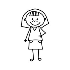 Cute stick smiling girl. Vector illustration in doodle style isolated on white